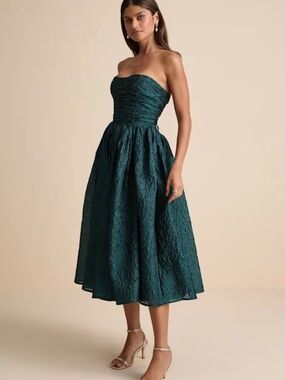Analeia Dark Teal Jacquard Lace-Up Strapless Midi Dress
